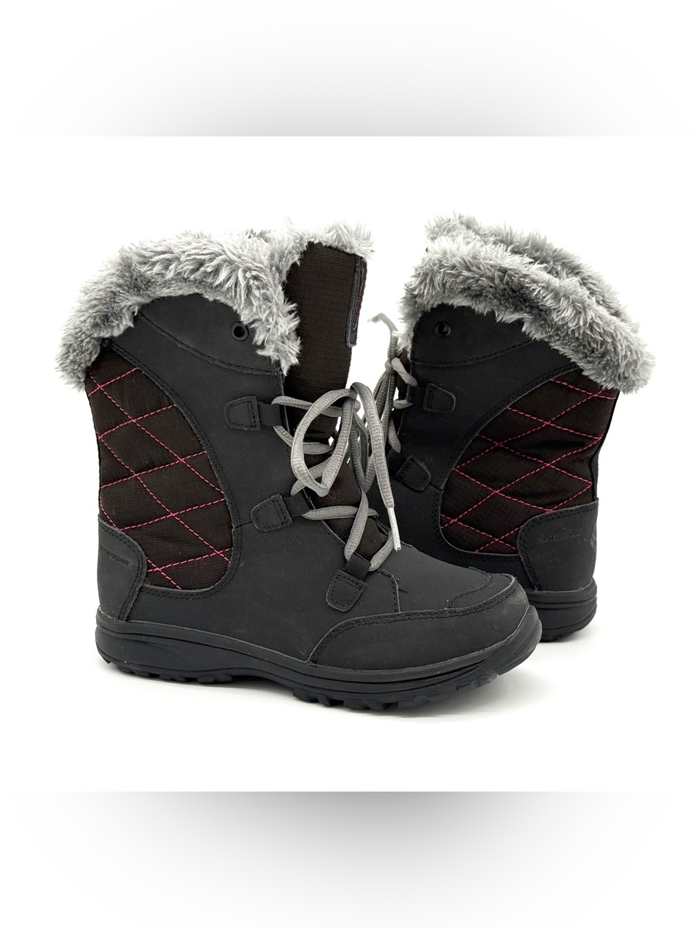 GUC Columbia Girls Ice Maiden Lace Up Quilted Faux Fur Black Winter Snow Boots 2